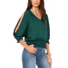 Macy's Women's Split Neck Smocked Waist Blouse-Arresting Emerald Green