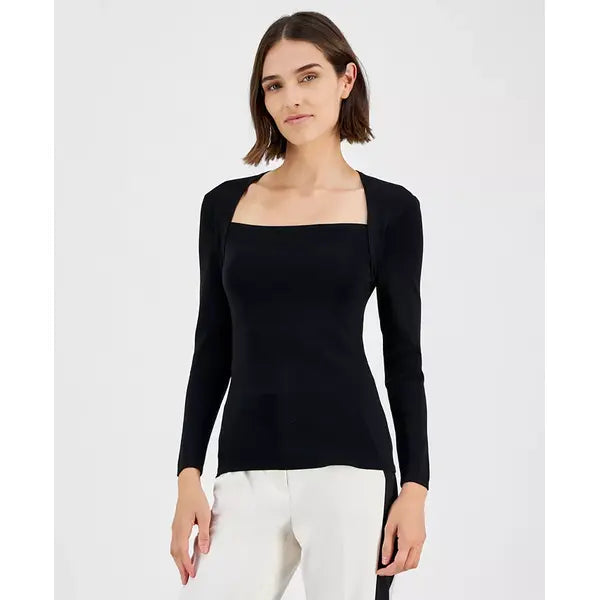Anne Klein Womens Portrait Neckline Button Sleeve Top, Stylish Elegant Blouse, Anne Black