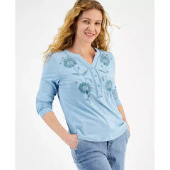 Women's Cotton Shine Embroidered Henley Top, Created for Macy's-Breeze blue
