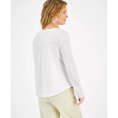 Women's Cotton Shine Embroidered Henley Top, Created for Macy's-Natural
