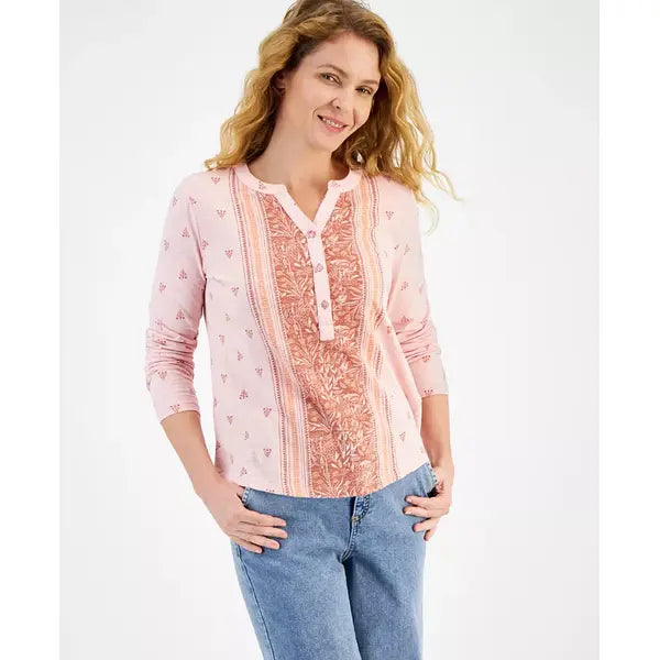 Women's Cotton Mixed-Print Henley Top, Created for Macy's-Winter  Pink
