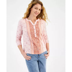 Women's Cotton Mixed-Print Henley Top, Created for Macy's-Winter  Pink