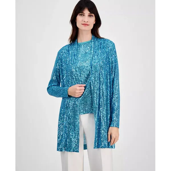 Anne Klein Womens Sequin Embellished Open Front Jacket, Stylish Elegant Layer for Special Events, Pool Blue