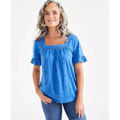 Women's Printed Square-Neck Ruffle-Sleeve Top, Created for Macy's Tulip blue