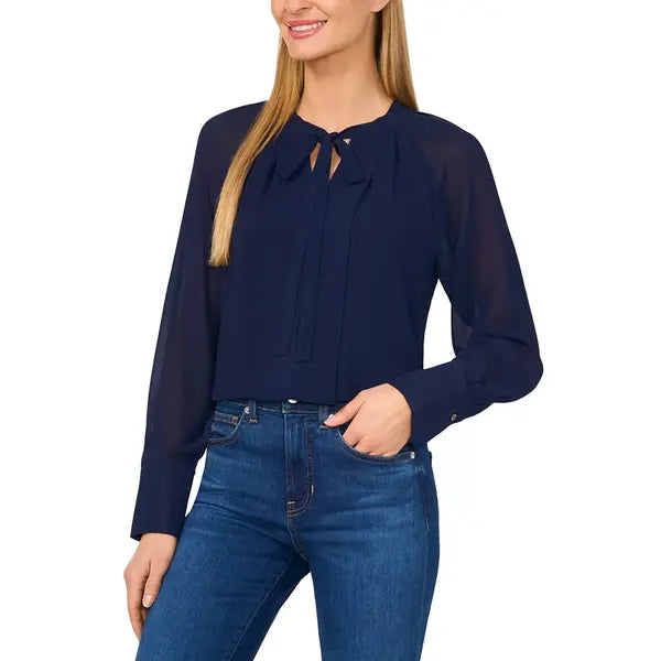 Macy's Women's Pleated Tie-Neck Blouse-Classic navy