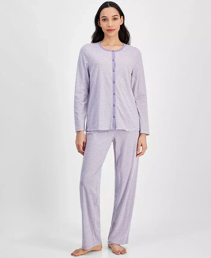Women's Cotton Printed Button-Front Pajama Set, Exclusively at Macy's-Feeder Stripe