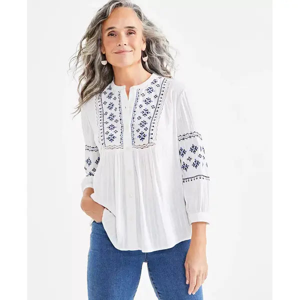 Women's Embroidery Peasant Top, Created for Macy's-Natural