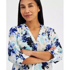 Anne Klein Petite Floral Pleat Front Roll Tab Tunic, Stylish Comfortable Top for Casual or Office Wear