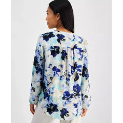 Anne Klein Petite Floral Pleat Front Roll Tab Tunic, Stylish Comfortable Top for Casual or Office Wear