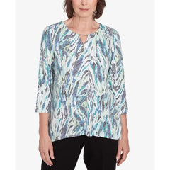 Alfred Dunner Women's French Quarter Teal Animal Print Split Neck Top, Multi Green