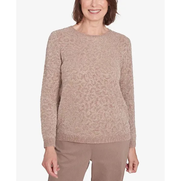 Alfred Dunner Women's Telluride Metallic Cheetah Textured Sweater, Fawn