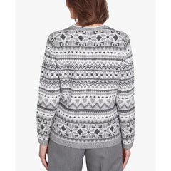 Alfred Dunner Women's Copenhagen Fair Isle Biadere Patch Sweater, Grey Multi