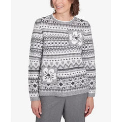 Alfred Dunner Women's Copenhagen Fair Isle Biadere Patch Sweater, Grey Multi