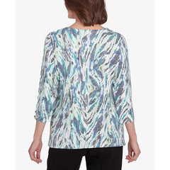 Alfred Dunner Women's French Quarter Teal Animal Print Split Neck Top, Multi Green