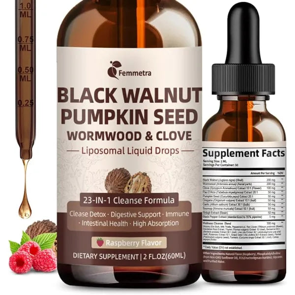 Femmetra Wormwood Black Walnut Clove Cleanse for Humans Drops, 23 in 1 Gut Health Support Supplement with Pumpkin Seed, Oil of Oregano etc for Detox & Digestive Health, Non GMO, Raspberry Flavor