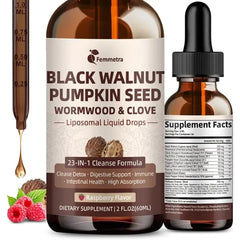 Femmetra Wormwood Black Walnut Clove Cleanse for Humans Drops, 23 in 1 Gut Health Support Supplement with Pumpkin Seed, Oil of Oregano etc for Detox & Digestive Health, Non GMO, Raspberry Flavor