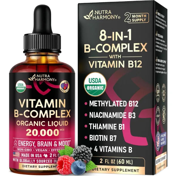 NUTRAHARMONY USDA Organic Vitamin B Complex 20000mcg B5, B12, B1, B6, B7, B9, B3