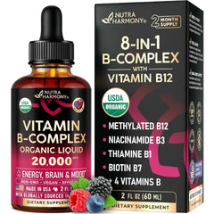 NUTRAHARMONY USDA Organic Vitamin B Complex 20000mcg B5, B12, B1, B6, B7, B9, B3