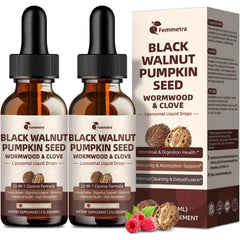 Femmetra Wormwood Black Walnut Clove Cleanse for Humans Drops, 23 in 1 Gut Health Support Supplement with Pumpkin Seed, Oil of Oregano etc for Detox & Digestive Health, Non GMO, Raspberry Flavor