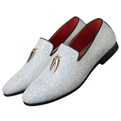 Santimon Mens Loafers Metallic Glitter Slip-on Smoking Shoes Moccasins Leather Dress Shoes White 10.5 US