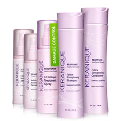 Keranique Damage Control Set for Thinning Hair - Shampoo & Conditioner for Damaged Hair, Follicle Booster Serum, Lift & Repair Spray - Keratin Enriched Repair Products for Dry, Thin Hair - Travel Size