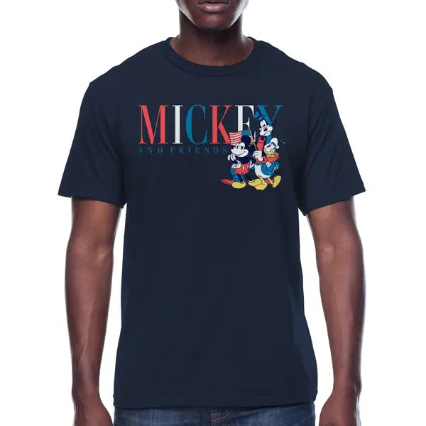 Disney Men's & Big Men's Americana Mickey & Friends Graphic Crew Neck Patriotic T-Shirt