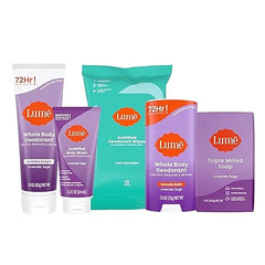 Lume Skin Care Gift Set for Women, Whole Body Deodorant Starter Pack -Smooth Solid Stick, Invisible Cream Tube, Acidified Body Wash Mini & Deodorant Wipes -Aluminum Free Odor Control (Clean Tangerine)