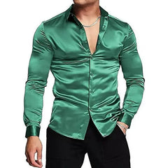 Mens Silk Shirts Long Sleeve-Luxury Shiny Silk Satin Party Dress Shirt Button Up Casual Muscle Fit for Men