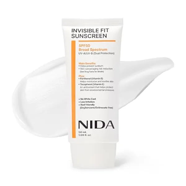 NIDA Invisible Fit Sunscreen SPF 50 Broad Spectrum UV-A/UV-B Protection No White Cast, Low Irritation, Hydrating Lotion-like Lightweight Glow Sunscreen for All Skin Types 1.69 fl. oz., 50ml