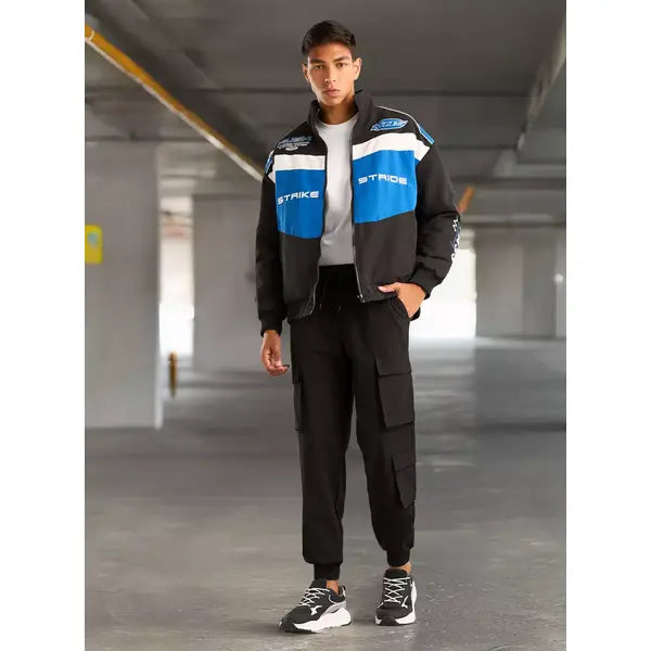 Racer Embroidered Panelled Puffer Jacket