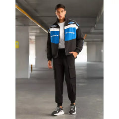 Racer Embroidered Panelled Puffer Jacket