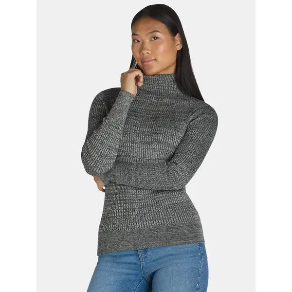 Time and Tru Women's Rib Turtleneck Sweater Black Soot/ Winter White Marl XS