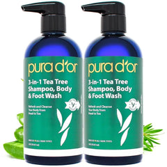 PURA D'OR 16 Oz 3-in-1 Tea Tree Shampoo, Body & Foot Wash, Shampoo - Total Body Care - Foot Odor & Daily Hygiene, Cleansing Routine, Post-Workout Refreshment - Soothes, Invigorates, Nourishes