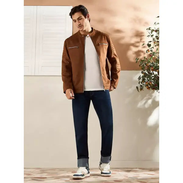 Suede Biker Jacket with Zip Closure - Brown
