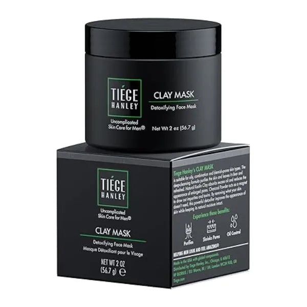 Tiege Hanley Detoxifying Facial Clay Mask for Men, Deep Pore Cleansing Charcoal Face Mask With Natural Kaolin Clay and Aloe, Absorbs Oil & Reduces Appearance of Pores, Men’s Skin Care