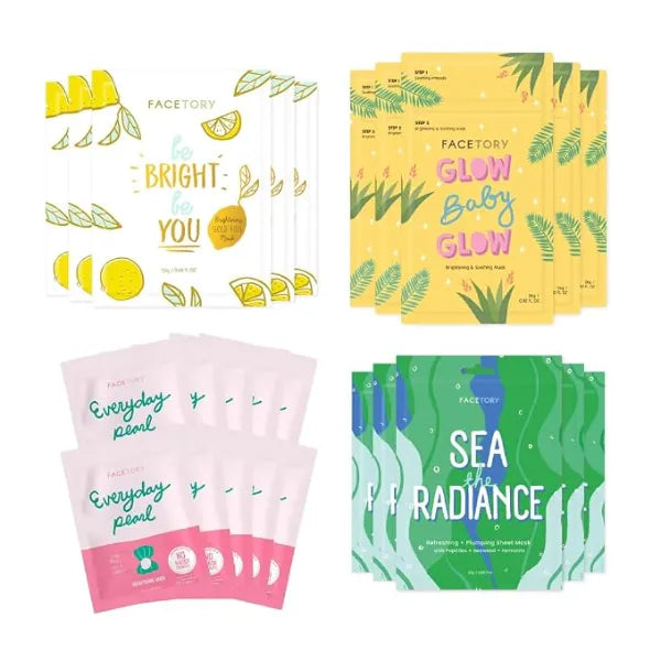 FACETORY K Beauty Brightening & Radience Sheet Mask Bundle Gold Foil, Niacinamide, Pearl & Peptides Be Bright + Glow Baby Glow + Everyday Pearl + Sea the Radiance Korean Skincare Gift Set