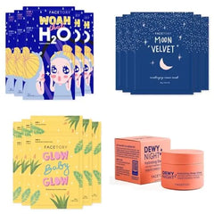 FACETORY K Beauty Glass Skin Routine Set Ceramide + Hyaluronic Acid + Niacinamide Sheet Masks + Overnight Sleeping Mask 4 Step Hydrating & Brightening Korean Skincare Bundle