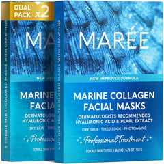MAREE Collagen Facial Mask with Hyaluronic Acid — Sheet Face Mask Skincare — Centella Asiatica, Green & Red Algae Extract — Hydrating Facemask For Women Skin Care — Mascarillas Para La Cara — 6 Count