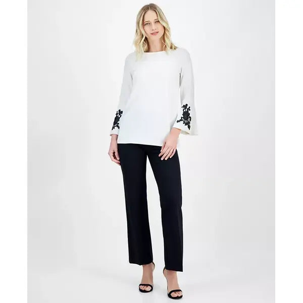 Anne Klein Womens Embroidered Bell Sleeve Boat Neck Tunic Top, Elegant Stylish Casual Blouse, White dove