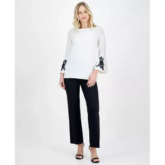 Anne Klein Womens Embroidered Bell Sleeve Boat Neck Tunic Top, Elegant Stylish Casual Blouse, White dove