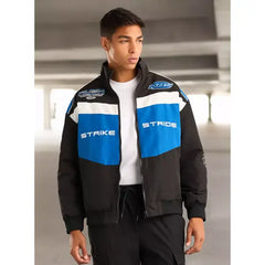 Racer Embroidered Panelled Puffer Jacket