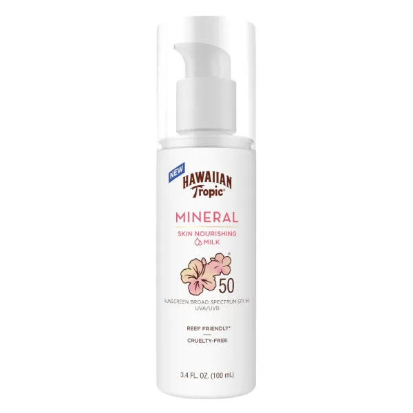 Hawaiian Tropic Skin Nourishing Milk Mineral Sunscreen Lotion SPF 50, 3.4Fl Oz  | Travel Size Sunscreen Zinc Oxide, Sun Milk, Mineral Sunblock SPF 50, Oxybenzone Free