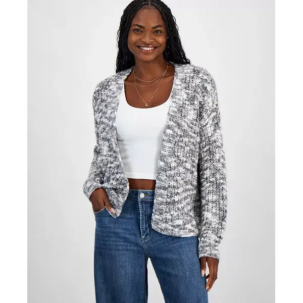 Juniors' Open-Front Long-Sleeve Oversize Cardigan,Created by Macy's-White/Gray