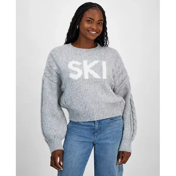 Women's Cable-Knit-Detail Graphic Sweater, Exclusively at Macy's-Gray