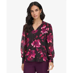 Macy's Women's Printed V-Neck Long-Sleeve Blouse-Black multi