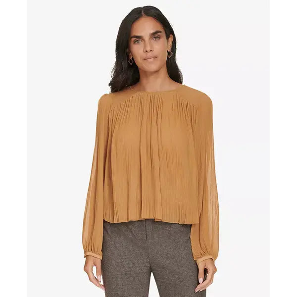 Macy's Women's Pleated Long-Sleeve Crewneck Top-Luggage