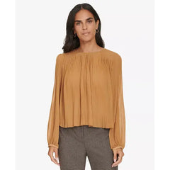 Macy's Women's Pleated Long-Sleeve Crewneck Top-Luggage