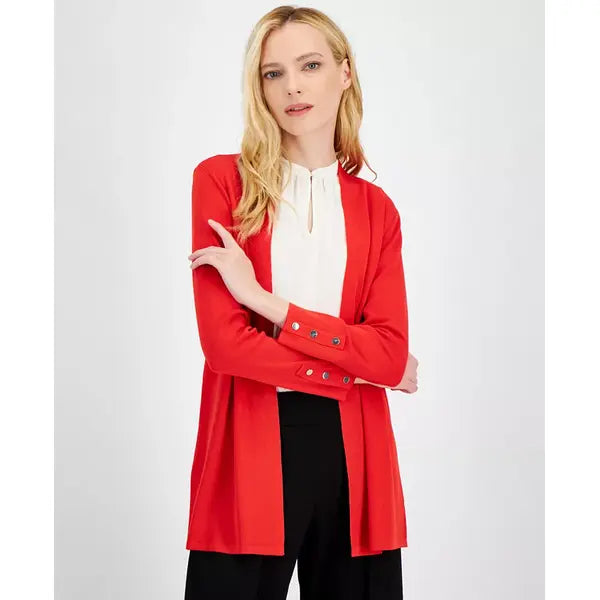 Anne Klein Womens Carmel Open Front Buttoned Cuff Cardigan, Elegant Lightweight Layering Piece