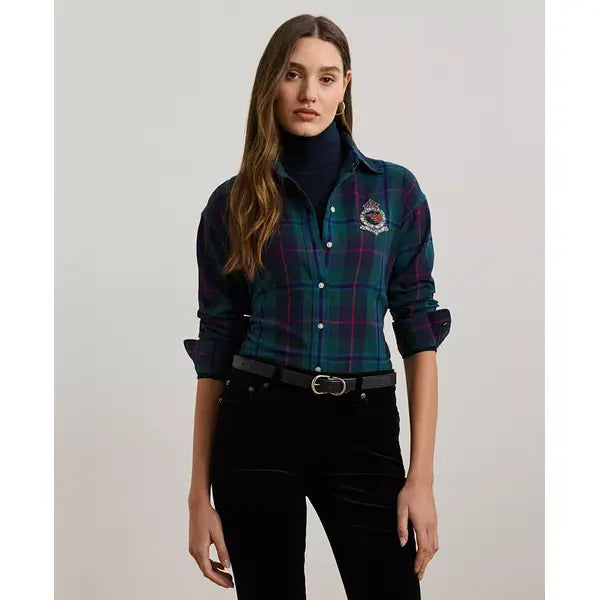 Macy's Women's Relaxed-Fit Black Watch Plaid Shirt, Regular & Petite-Green