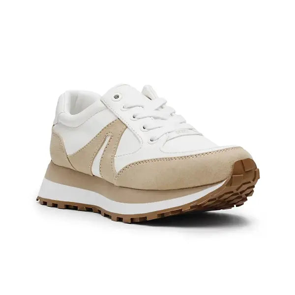 Anne Klein Womens Stellar Lace Up Jogger Platform Sneakers, Comfortable Trendy Everyday Footwear, White Tan